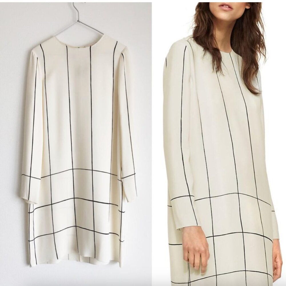 NEW Tory Burch Heavy Silk Ivory Black Pretty in Plaid Striped Short Dress